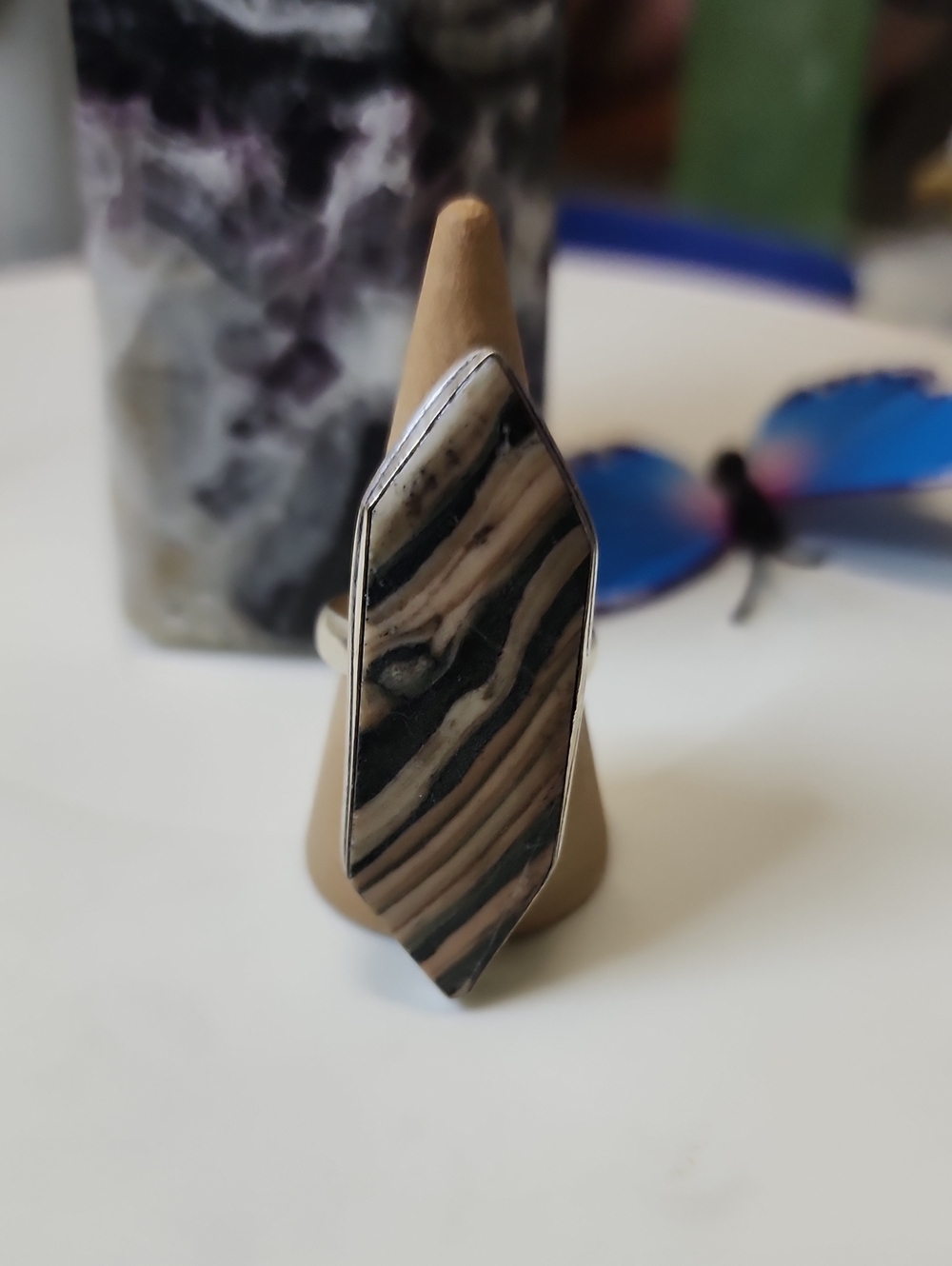 Handcrafted Black and Cream Striped Statement Ring